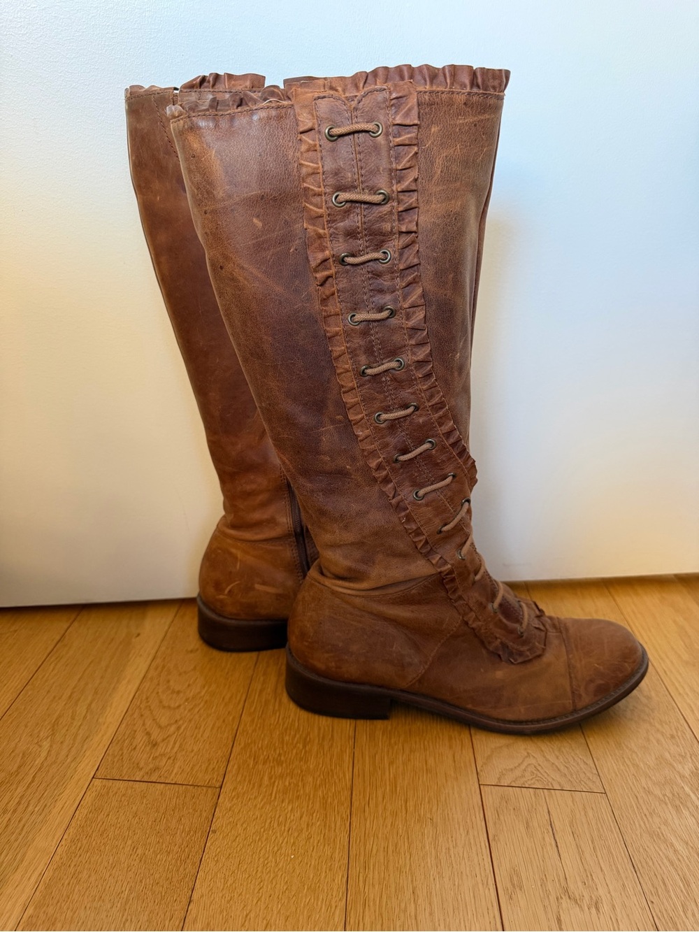 Vintage Brown Lace-Up Riding Boots with Ruffle Trim